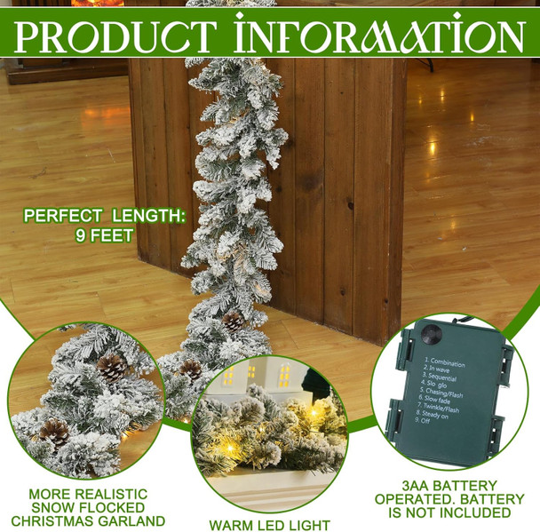 Riceshoot 9 ft Prelit Christmas Garland with Light Timer Artificial Snowy Pine Garland Winter Frosted Faux Pine Garland for Xmas Home Indoor Outdoor Mantel Staircase Seasonal Garland Decor