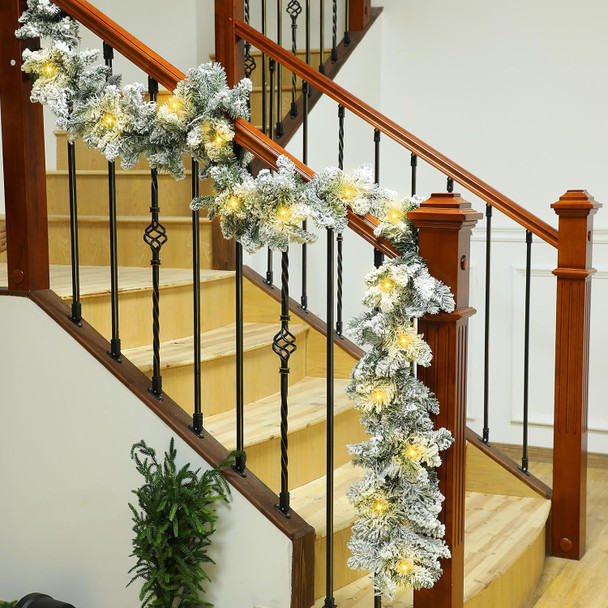 Riceshoot 9 ft Prelit Christmas Garland with Light Timer Artificial Snowy Pine Garland Winter Frosted Faux Pine Garland for Xmas Home Indoor Outdoor Mantel Staircase Seasonal Garland Decor