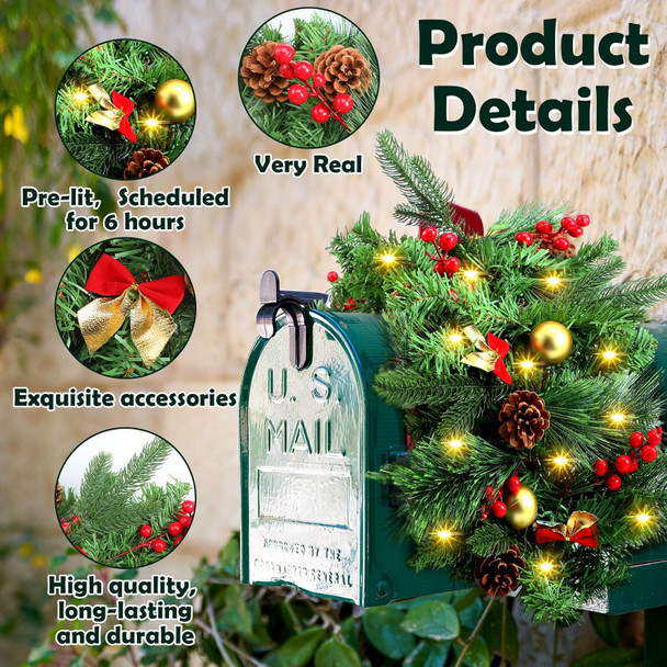 Riceshoot Pre Lit Artificial Christmas Mail Box Swag with Lights Berry and Pine Cones, 35.4 Inch Timed Mailbox Swag Christmas Mailbox Decoration Indoor Outdoor for Xmas Home Decor
