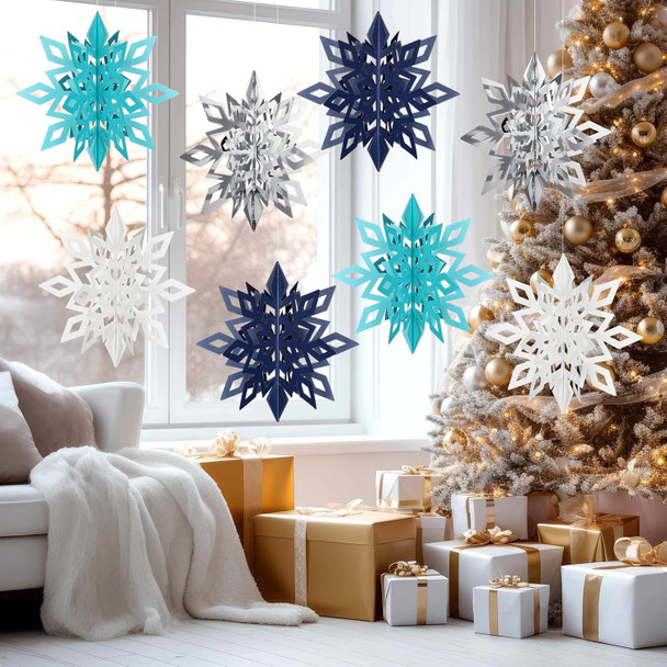 Riceshoot 8 Pcs 12'' Large 3D Paper Snowflake Hanging Ornament Winter Glittery Large Snowflake Decorations Christmas Snowflake Garland for Winter Party Holiday Decoration(Stylish Color)