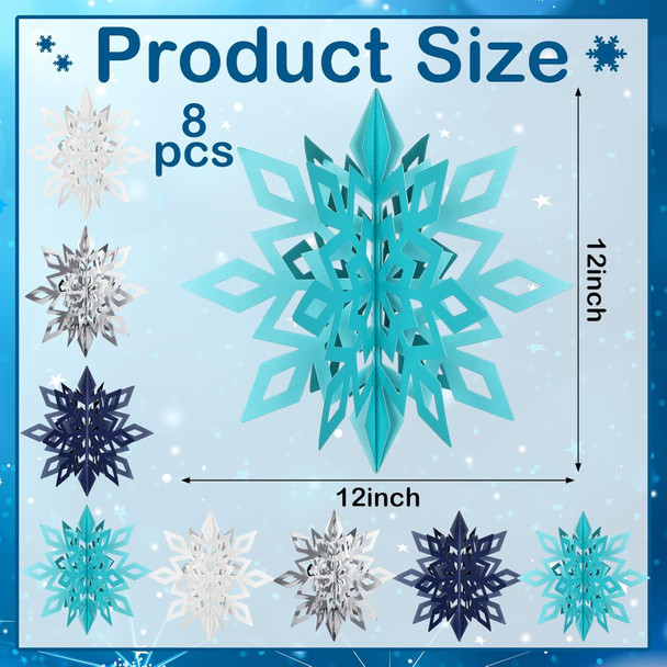 Riceshoot 8 Pcs 12'' Large 3D Paper Snowflake Hanging Ornament Winter Glittery Large Snowflake Decorations Christmas Snowflake Garland for Winter Party Holiday Decoration(Stylish Color)