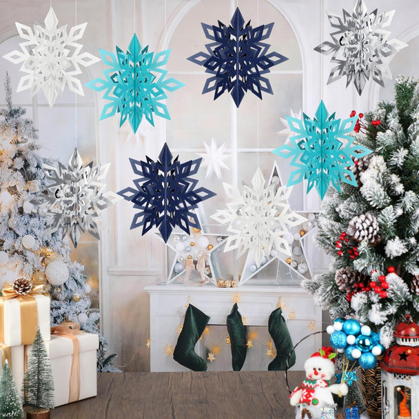 Riceshoot 8 Pcs 12'' Large 3D Paper Snowflake Hanging Ornament Winter Glittery Large Snowflake Decorations Christmas Snowflake Garland for Winter Party Holiday Decoration(Stylish Color)