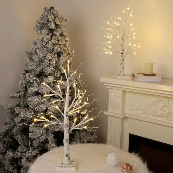 22 Inch Lighted Birch Tree, Pre-Lit White Birch Twig Tree Lights, Battery Operated Tabletop Tree Lights, Mini Artificial Trees with Lights for Centerpiece Mantel Home Decor, 2 Pack