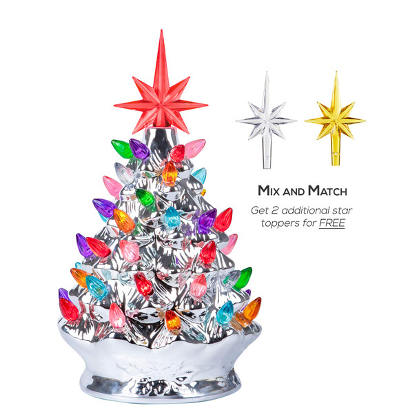RJ Legend Christmas Tree – Festive Lighted with 50+ Multicolor Bulbs, Operated by LED, Ceramic – Retro Winter Tree - Silver, 9.6-Inch