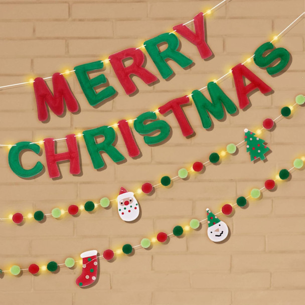 Pre-Strung Merry Christmas Banner, Christmas Felt Fabric Banner(with Lights), Red and Green Felt Ball Garland Reusable Christmas Decorations Indoor Outdoor, Fun Xmas Party Supplies