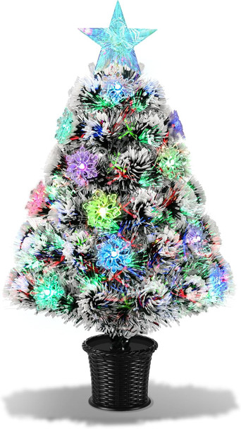 Pre-Lit Fiber Optic Christmas Tree 22inch Small Tabletop Christmas Tree Artificial Xmas Tree with Snowflake,Top Star, RGB Lights,Battery/USB Operated for Desktop,Holiday