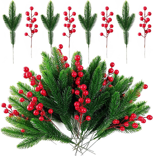 32PCS Artificial Pine Branches Christmas Holly Berries Artificial Red Berry Stems for Christmas Wreath Decorations Xmas Tree Decoration 32PCS Artificial Pine Branches Christmas Holly Berries Artificial Red Berry Stems for Christmas Wreath Decorations Xmas Tree Decoration