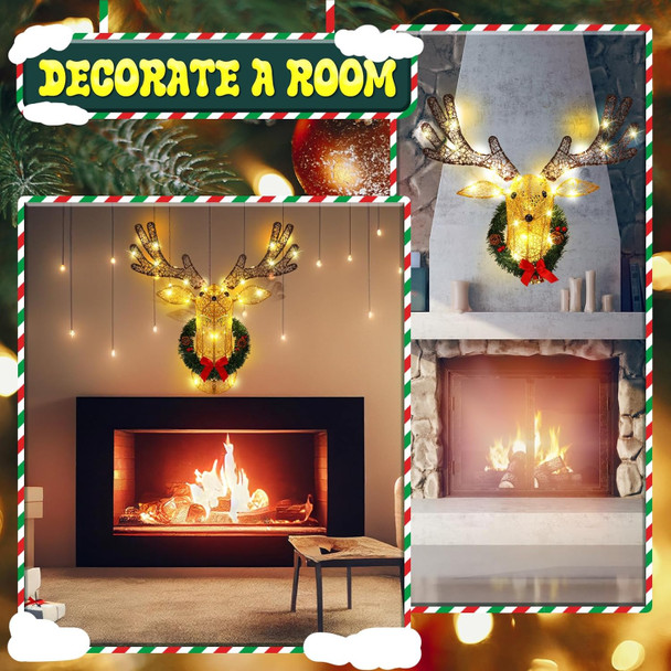 Christmas Light up Wall Decor Deer Head, 28 Inch 3D Hanging Garland, Large Lights up Reindeer Head for Door Window Christmas Holiday Indoor Outdoor Decor, Battery Operated, 8 Modes