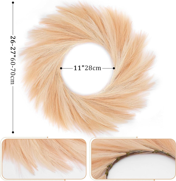 Pampas Grass Wreath, 26'' Faux Pampas Wreath for Front Door, Artificial Wreath for All Seasons, Boho Wall Decor, Farmhouse Pampas Grass Garland, DIY Fall Wreath Autumn Wreath (Beige and Brown)