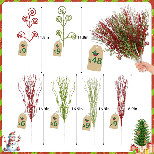 48 Pcs Christmas Red Green Artificial Glitter Berry Stems Ornaments Fake Christmas Candy Picks Decorative Curly Glitter Sticks Branches for Xmas Tree Wreath Crafts Vase Filler (48, Red, Green)