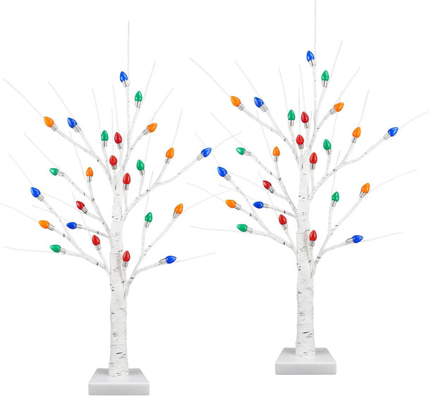 [ Timer ] Ruidazon 2 Pack Lighted Birch Tree, 26" Christmas Birch Tree with 24 Led Red Green Orange Blue Lights Battery Operated Small Christmas Table Tree for Home Christmas Indoor Decoration