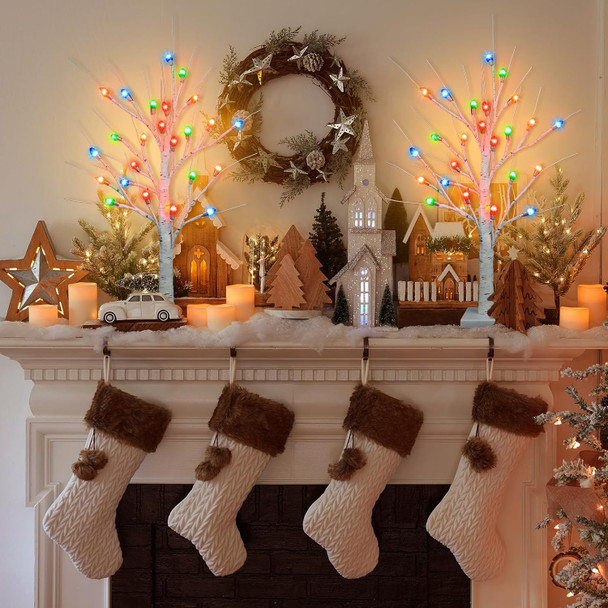 [ Timer ] Ruidazon 2 Pack Lighted Birch Tree, 26" Christmas Birch Tree with 24 Led Red Green Orange Blue Lights Battery Operated Small Christmas Table Tree for Home Christmas Indoor Decoration