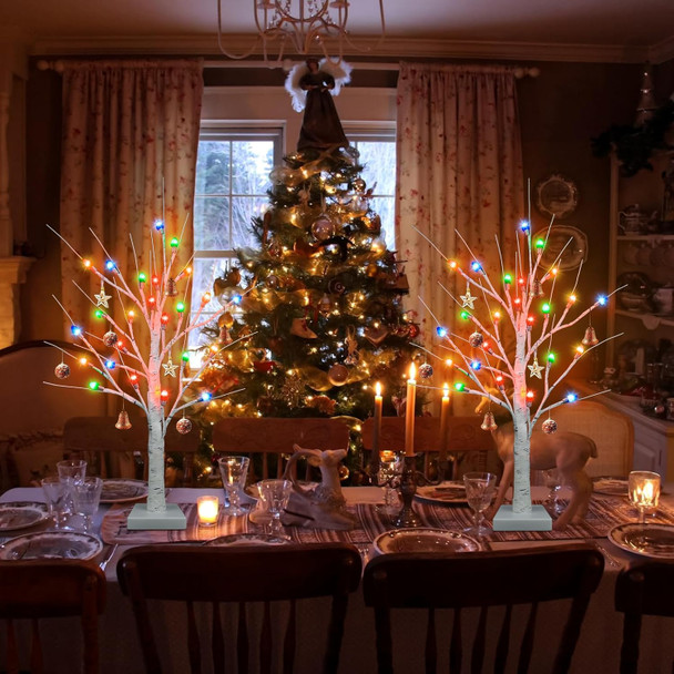 [ Timer ] Ruidazon 2 Pack Lighted Birch Tree, 26" Christmas Birch Tree with 24 Led Red Green Orange Blue Lights Battery Operated Small Christmas Table Tree for Home Christmas Indoor Decoration