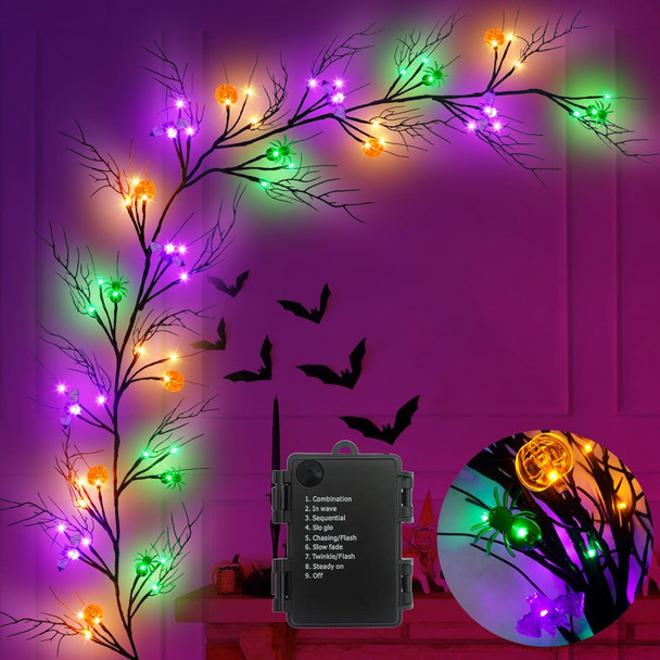 [Timer & 8 Modes] 6Ft 57 LED Halloween Willow Vine Twig Halloween Garland with 6 Orange Pumpkins & 6 Purple Bats & 6 Green Light Spider Waterproof Battery Operated Halloween Light Mantel Wall Decor