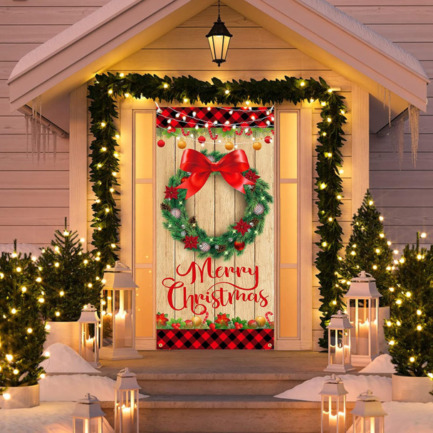 Merry Christmas Door Cover Decorations Wood Grain Christmas Wreath Door Banner Xmas Small Buffalo Plaid Edge Door Cover Banner for Farmhouse Front Door Decoration Year Christmas Party Supplies