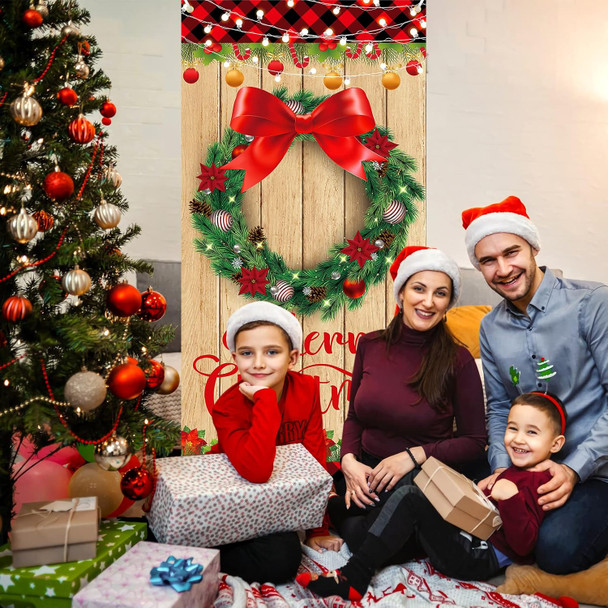 Merry Christmas Door Cover Decorations Wood Grain Christmas Wreath Door Banner Xmas Small Buffalo Plaid Edge Door Cover Banner for Farmhouse Front Door Decoration Year Christmas Party Supplies