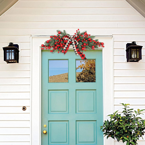 27.6 Inch Artificial Christmas Swag,Winter Pine Needles Decoration Swag with Ribbon Bow and Red Berry,Front Door Decor Christmas Wreath-with lamp