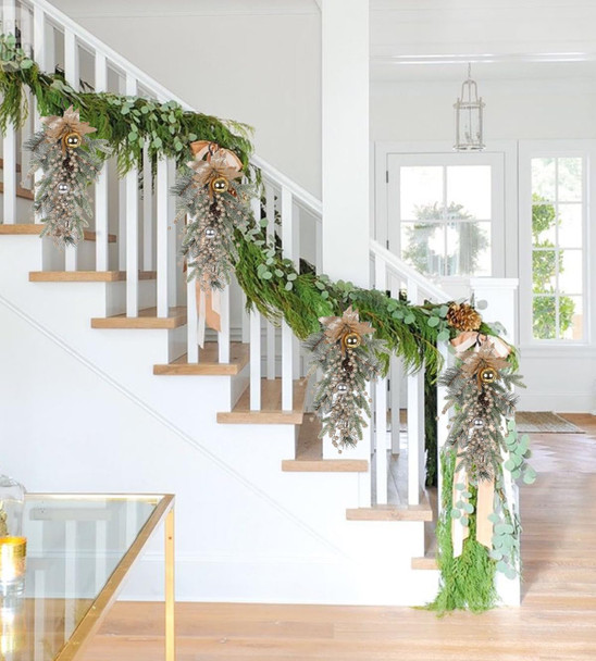 Christmas Teardrop Swags, 20 Inch Artificial Pine Cone Needles Teardrop Wreath with Berries, Ball Ornaments, Poinsettia Swag Garlands for Front Door Window Table Door Decor(Champagne)