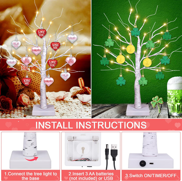 [Timer] Valentines Day Decor 24" Lighted Birch Tree with 24pcs Heart Shamrock Ornaments for Valentine's Day, St. Patrick's Day, USB/Battery Operated Valentines Tree Decorations for Home Table Bedroom