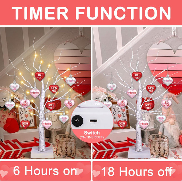 [Timer] Valentines Day Decor 24" Lighted Birch Tree with 24pcs Heart Shamrock Ornaments for Valentine's Day, St. Patrick's Day, USB/Battery Operated Valentines Tree Decorations for Home Table Bedroom