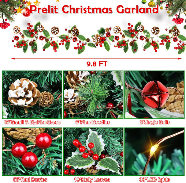 9.8FT Prelit Christmas Decorations Garland with Lights,Christmas Garlands with Pine Red Berry, 8 Modes Christmas Garland for Indoor Outdoor Mantle Stairs Railing Xmas Party Decor
