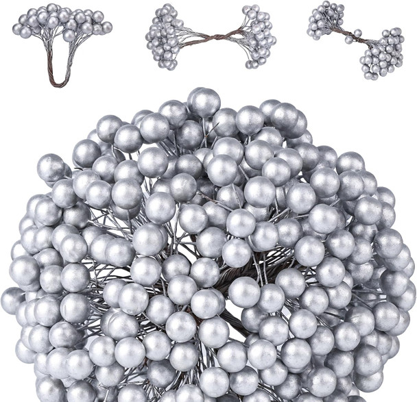 SallyFashion 200PCS Christmas Glitter Berries Stems, 5.3" Silvery Berry Stems for Christmas Tree Ornaments Artificial Christmas Picks for DIY Xmas Wreath Crafts Holiday Home Decor