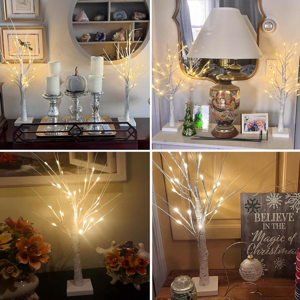 4-Pack 2FT Lighted Birch Tree for Home Decor with Timer, Birch Christmas Tree with 48 LED Warm White Lights, Battery Operated Artificial Tree Light for Indoor Bedroom Wedding Holiday Decorations