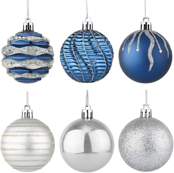 Sattiyrch Christmas Ball Ornaments 30ct, 60mm/2.36" Blue and Silver Shatterproof Plastic Decorative Xmas Balls Ornaments Set (Blue and Silver)