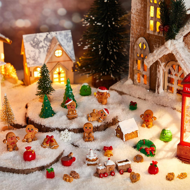 Sawysine 64 Pcs Christmas Miniatures Figurines Santa Xmas Garden Miniature Ornaments Kit Snowman Christmas Fairy Resin Ornaments Pine Tree for Christmas Garden Accessories(Gingerbread Man)