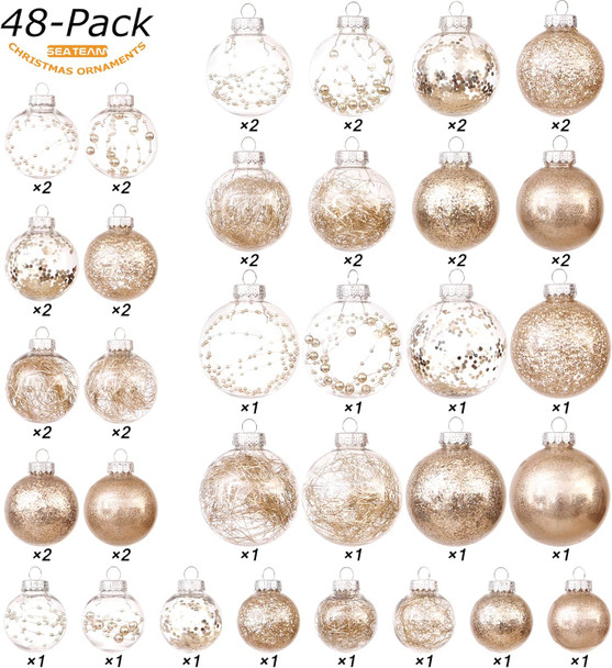 Sea Team Christmas Baubles Set of 48 Shatterproof Clear Plastic Christmas Baubles Set with Decorative Christmas Balls with Stuffed Delicate Decorations (48 Pieces, Champagne)