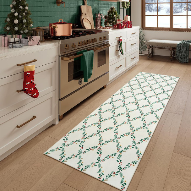 Seavish Christmas Runners for Hallways 2x6 Kitchen Runner Rugs Non Skid Washable Entryway Rugs Low Pile Soft Indoor Cream White Floor Geometric Carpet Runner Xmas Decor for Bedroom