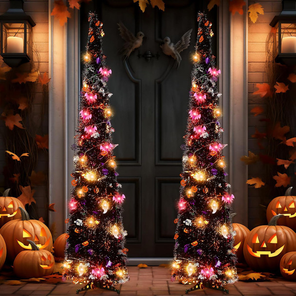 2 Pack 5ft Black Tinsel Halloween Christmas Tree, Pop Up Artificial Pencil Tree Indoor Home Outdoor Party Decorations