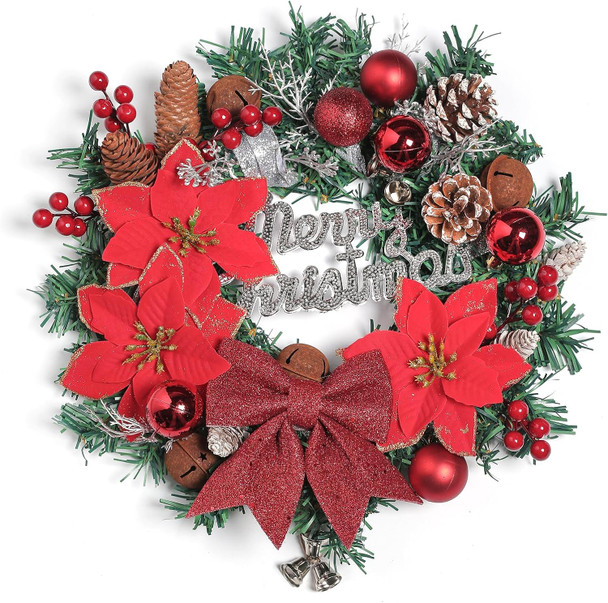 Serra Flora 52 Piece of Christmas Ornament DIY Wreath Craft Kit Includes Wire Wreath Frame, Green Tinsel Garland Pinecones, Christmas Balls Little Bell,Poinsettia,Red Berry for Christmas Decorations