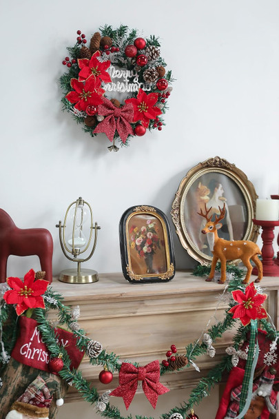 Serra Flora 52 Piece of Christmas Ornament DIY Wreath Craft Kit Includes Wire Wreath Frame, Green Tinsel Garland Pinecones, Christmas Balls Little Bell,Poinsettia,Red Berry for Christmas Decorations