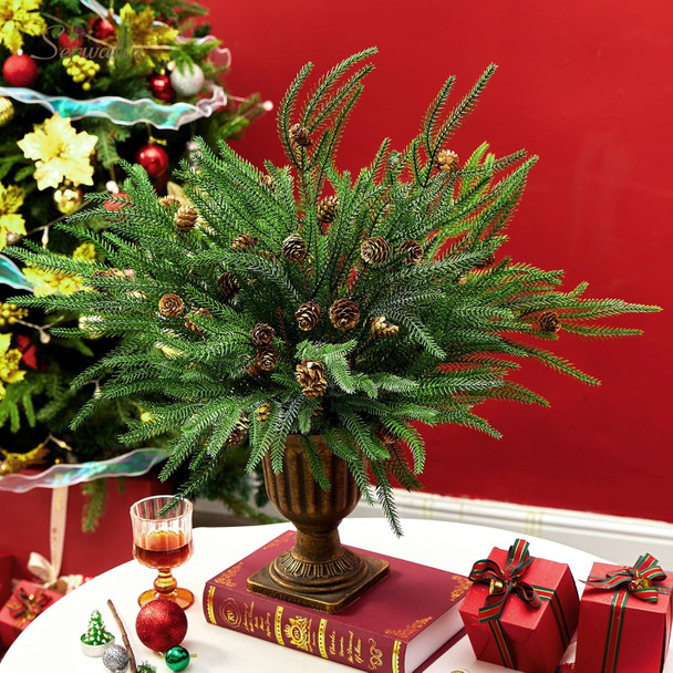 Serwalin 23.6“ Artificial Pine Branches, 12PCS Real Touch Norfolk Pine Branches with Pine Cones, Faux Christmas Greenary Picks for Xmas DIY Crafts Wreath Indoor Outdoor Home Decor