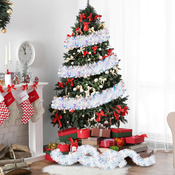 Sggvecsy 26.2Ft Christmas White Tinsel Garland Xmas Tree Decorations Christmas Iridescent Metallic Twist Garland Ceiling Hanging Decorations for Year Party Birthday Holiday Indoor Outdoor Supplies