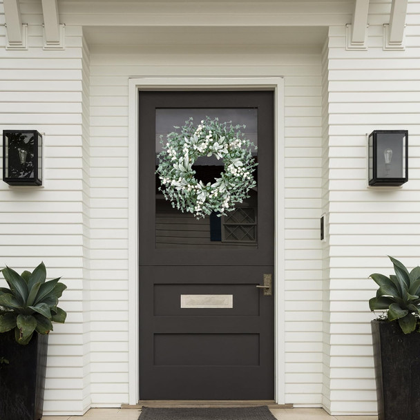 Sggvecsy Artificial Greenery Leaves Wreath for Front Door 22 Inch Greenery Boxwood Wreath Flocked Lambs Ear Wreath with White Berries Spring Summer Wreath for Farmhouse Wall Home Indoor Outdoor Decor