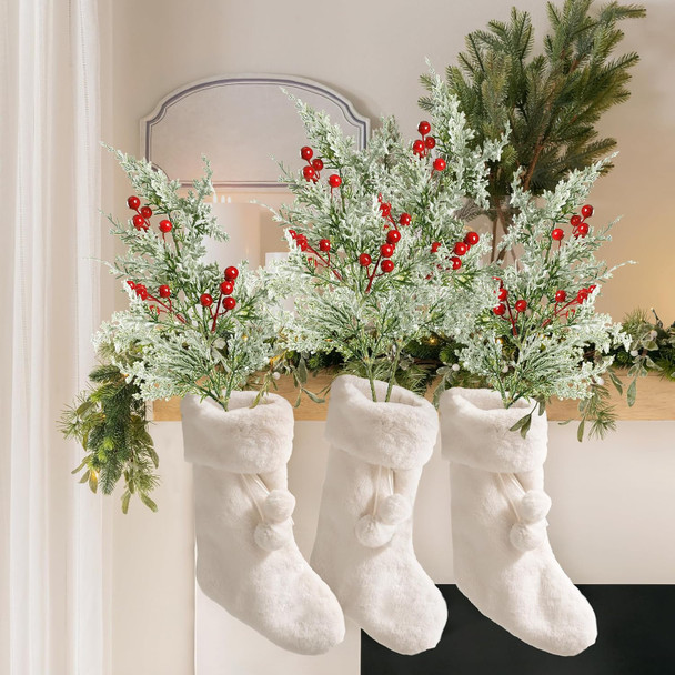 Sggvecsy 6 Pack Snowy Artificial Pine Branches Frosted Faux Cedar Spray with Red Berries 19’’ Greenery Cedar Picks Christmas Cedar Stems for DIY Garland Wreath Xmas Embellishing Garden Home Decoration