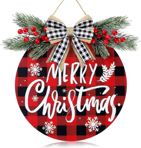 Sggvecsy Christmas Door Sign Buffalo Plaid 12'' Welcome Sign Xmas Decorations Merry Christmas Wreath for Porch Wall Hanging Wreath Rustic Farmhouse Window Holiday Winter Wooden Indoor Outdoor Decor