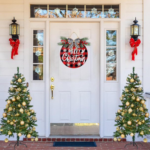 Sggvecsy Christmas Door Sign Buffalo Plaid 12'' Welcome Sign Xmas Decorations Merry Christmas Wreath for Porch Wall Hanging Wreath Rustic Farmhouse Window Holiday Winter Wooden Indoor Outdoor Decor