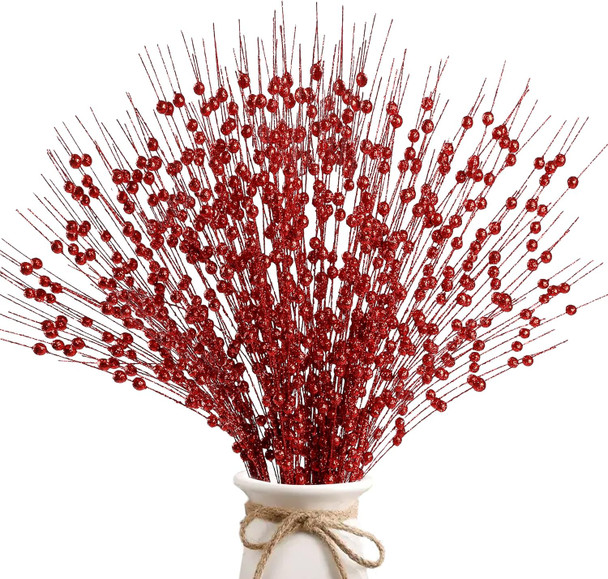 Sggvecsy 15 Pack Artificial Glitter Berry Stem Ornaments 17 Inches Fake Christmas Picks Decorative Glitter Sticks for Christmas Tree DIY Wreath Crafts Fireplace Holiday Home Decor (Red)