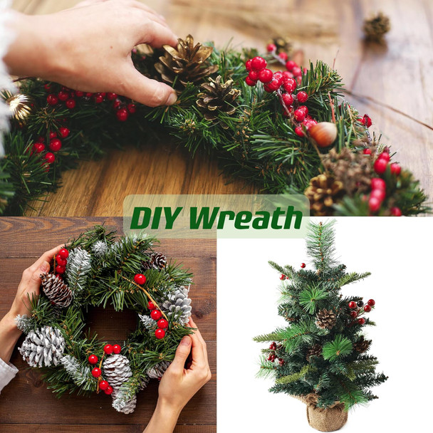 Sggvecsy 60 Pcs Artificial Pine Branches Fake Greenery Pine Picks Artificial Red Berry Stems Christmas Pine Needles for DIY Christmas Garland Wreath Xmas Embellishing Flower Arrangements Decoration