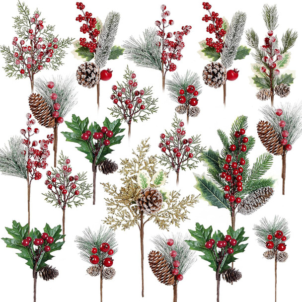 Sggvecsy 20 Pack 10 Kinds Artificial Christmas Picks Assorted Red Berry Picks Stem Faux Pine Picks Spray with Pinecones Holly Leaves for Floral Arrangement Wreath Winter Holiday Season Decor