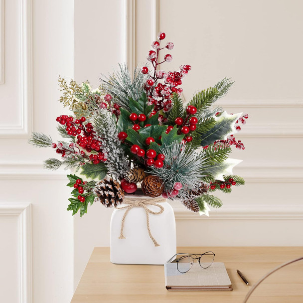 Sggvecsy 20 Pack 10 Kinds Artificial Christmas Picks Assorted Red Berry Picks Stem Faux Pine Picks Spray with Pinecones Holly Leaves for Floral Arrangement Wreath Winter Holiday Season Decor