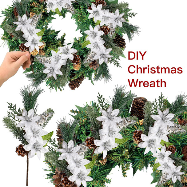 Sggvecsy 6 Pack Artificial Christmas Poinsettia Picks Faux Berries Pine Stems Berry Pine Branches with Pine Cones Poinsettia for Xmas Tree Wreath DIY Craft Floral Arrangement Holiday Decor (Silver)