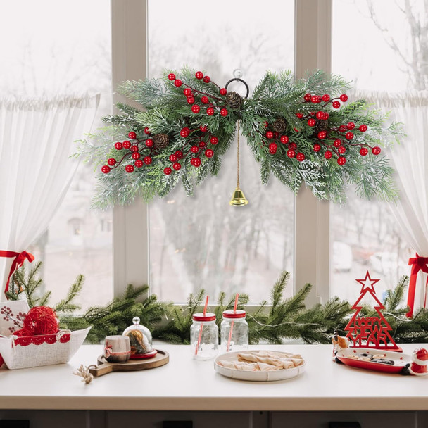 SHACOS 26 inch Artificial Christmas Swags Frosted Flocked Cedar Swag with Pine Cones Red Berries and Bells Xmas Mailbox Swag Front Door Windows Wall Swag Mantel Table Holiday Decor Indoor Outdoor