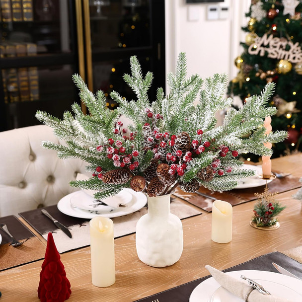 SHACOS 6pcs 16" Pine Stems Christmas Flocked Pine Branches Red Berries Pine Cone Artifical Pine Branches Snow Frosted Large Greenery Stems for Vases Xmas s Christmas Decoration Holiday Home Decor