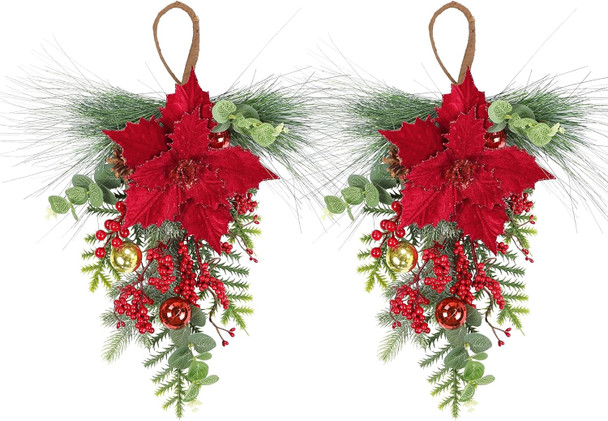 SHACOS 2Pcs Christmas Teardrop Swags with Red Poinsettia Berries, 20inch Artificial Norfolk Greenery Cedar Pine Needle Eucalyptus Xmas Balls Pine Cones Xmas Door Swag Wreath for Front Door Fireplace