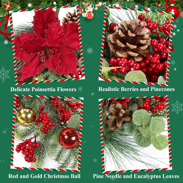 SHACOS 2Pcs Christmas Teardrop Swags with Red Poinsettia Berries, 20inch Artificial Norfolk Greenery Cedar Pine Needle Eucalyptus Xmas Balls Pine Cones Xmas Door Swag Wreath for Front Door Fireplace