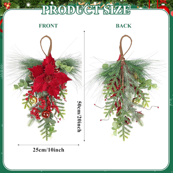 SHACOS 2Pcs Christmas Teardrop Swags with Red Poinsettia Berries, 20inch Artificial Norfolk Greenery Cedar Pine Needle Eucalyptus Xmas Balls Pine Cones Xmas Door Swag Wreath for Front Door Fireplace